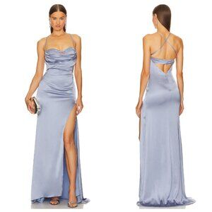 Michael Costello x Revolve Alaina Grey Blue Satin Cut Out Wire Maxi Gown Dress